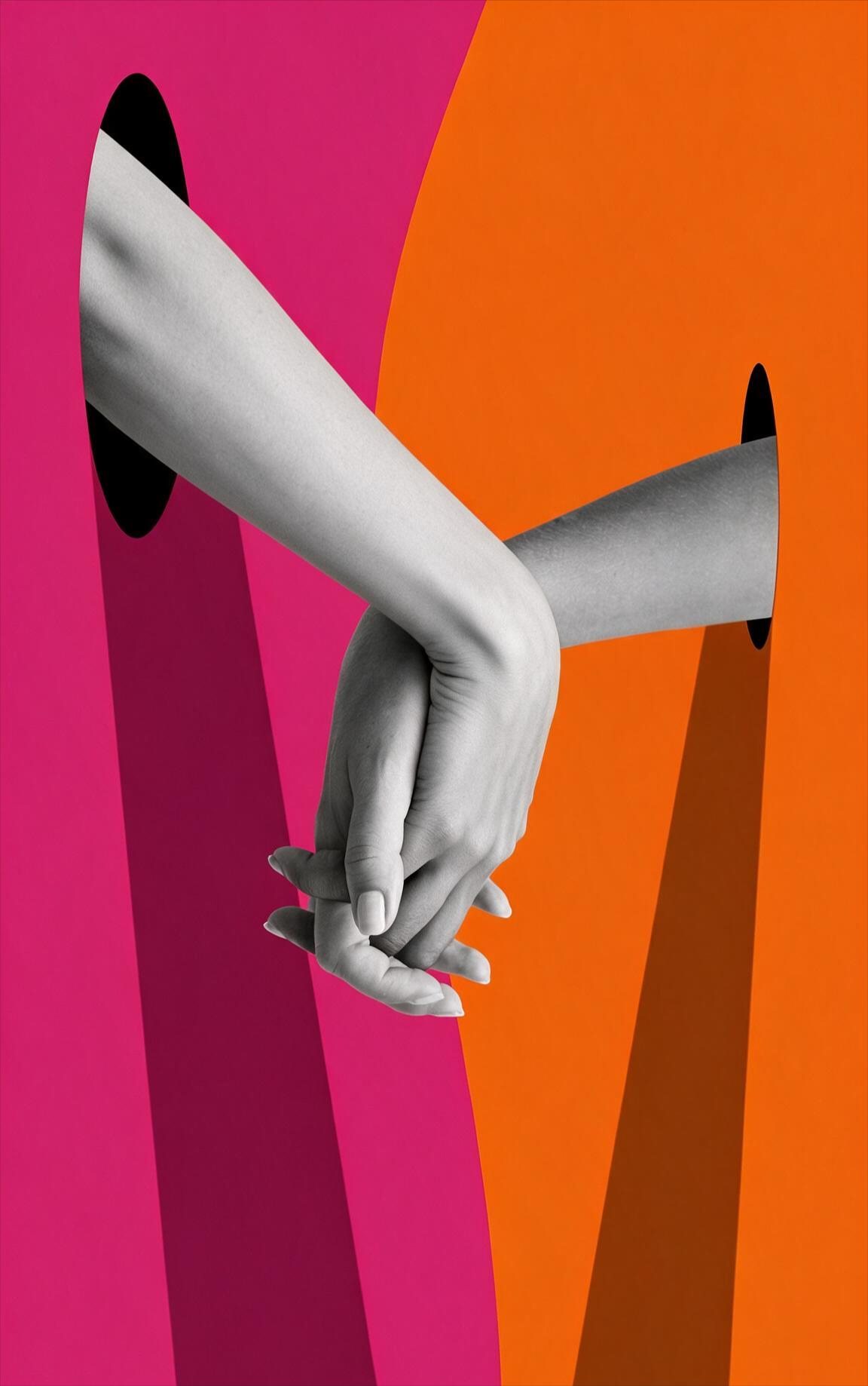 Une main qui en tient une autre, collage sur fond rose et orange